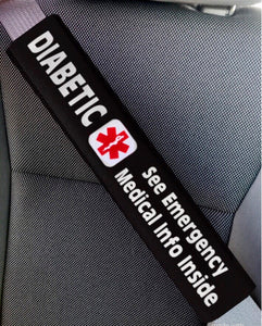 Diabetic - Type 2 - Medical Alert Seat Belt Cover - Inside Pocket - Medical Info Sheet