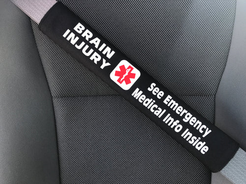 Brain Injury - Medical Alert Seat Belt Cover - Inside Pocket - Medical Info Sheet