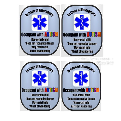 4 Pack Autism Decal Medical Alert Safety Sticker Set